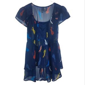Fire Los Angeles》Bird Print, Sheer, Hi-Lo, Baby Doll Tie Back Tunic